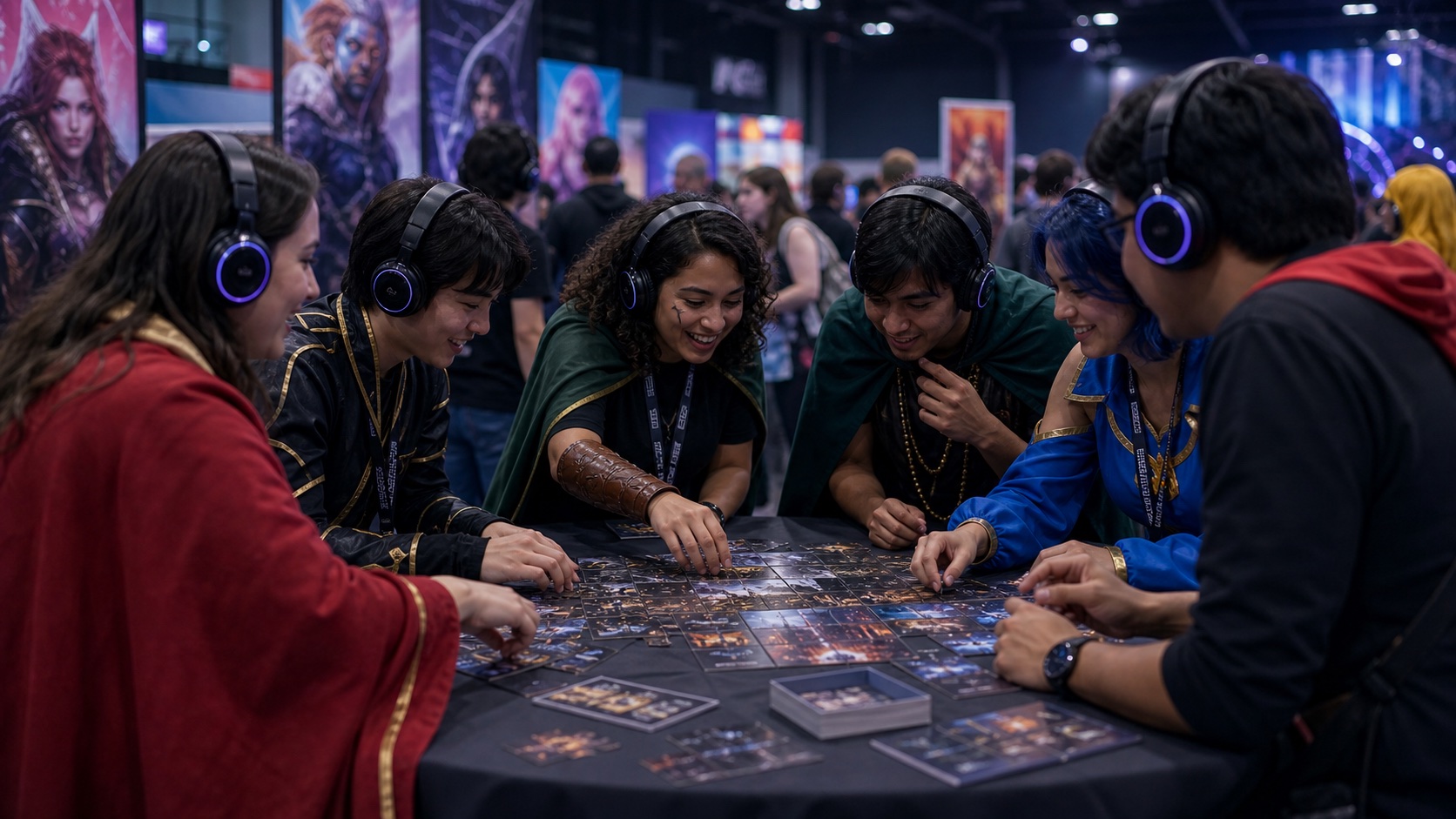 Convention attendees wearing matching headphones laugh together during a collaborative team exercise.