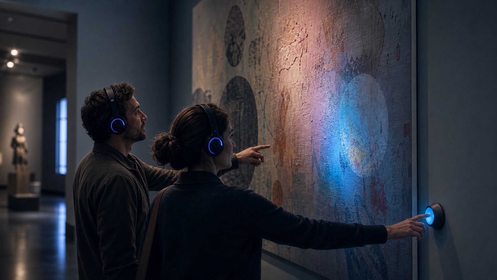 Two museum guests wearing matching headphones interact with a blue wall button beside an abstract painting.