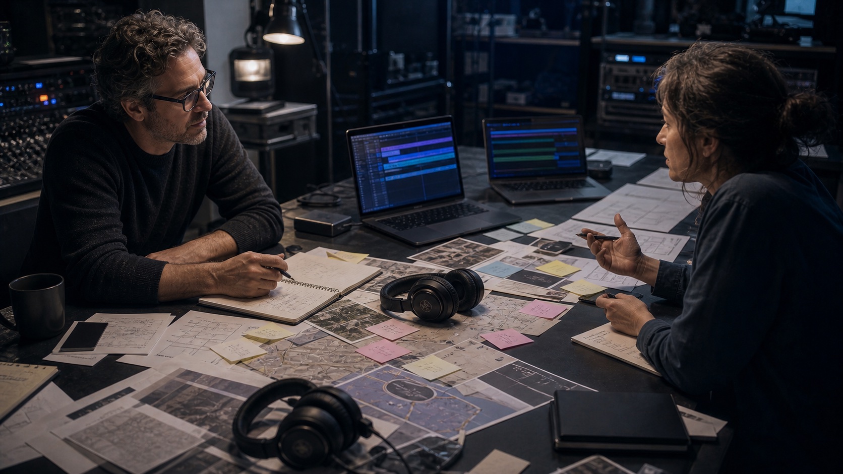 Two designers discussing route maps, floor plans, headphones, and timing cues at a workshop table.