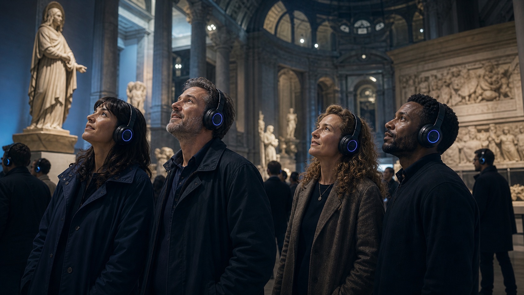 A small group of museum visitors wearing matching headphones looks up together in a gallery.