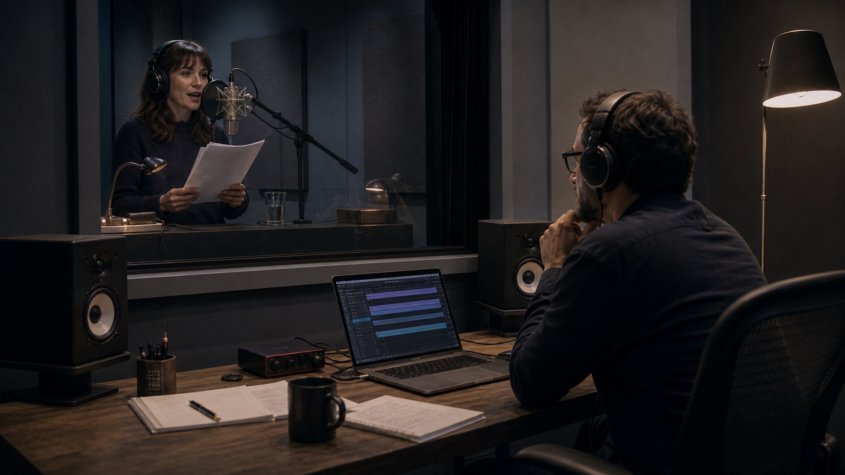A voice actor records in a simple studio while a producer monitors the session.