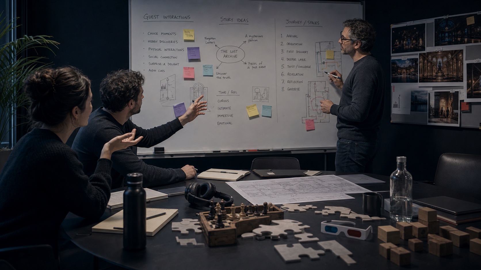 Team members brainstorm immersive experience ideas in a conference room.
